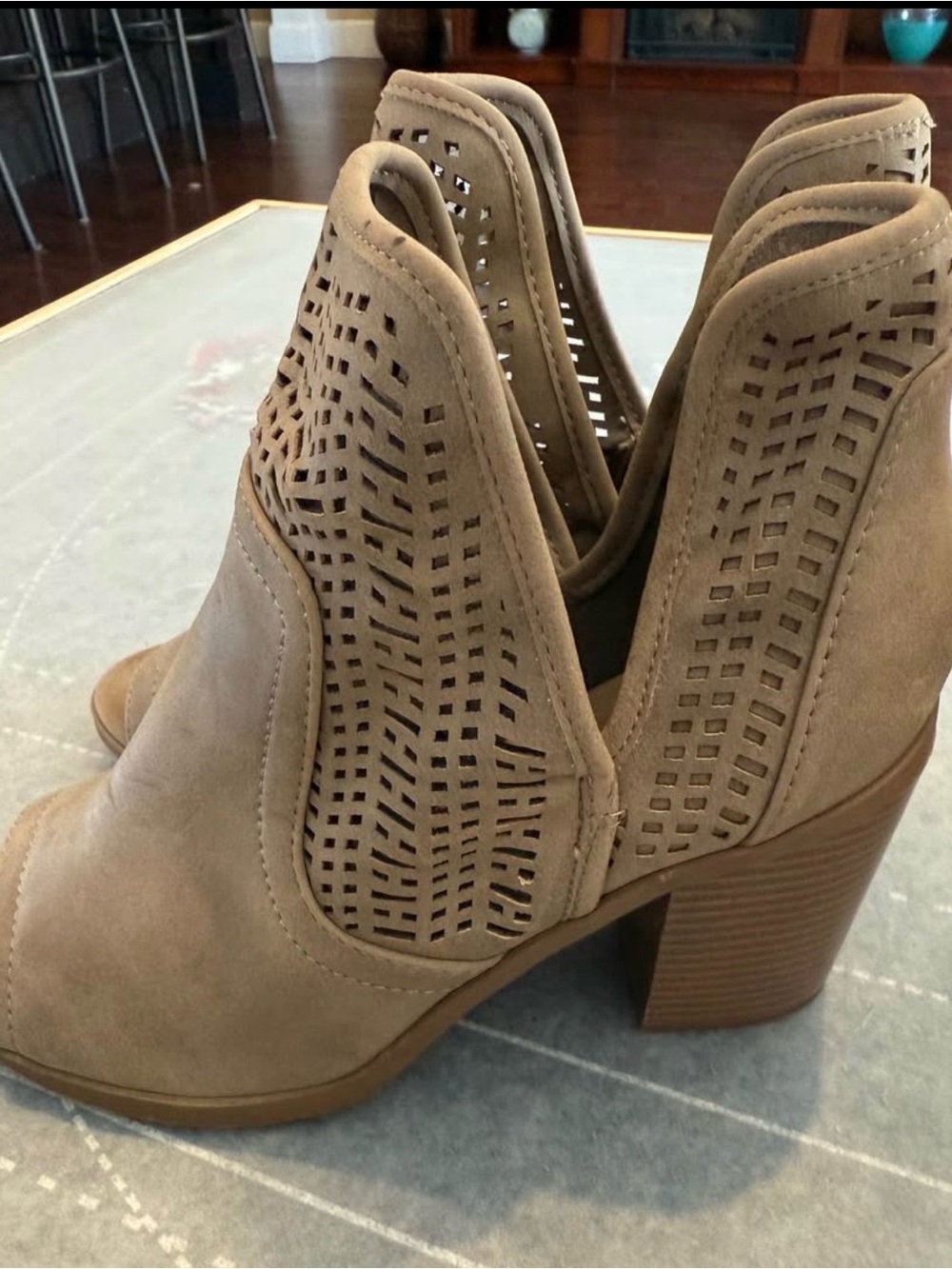 Soda Taupe Laser-Cut Peep Toe Ankle Mules - Picture 2 of 4